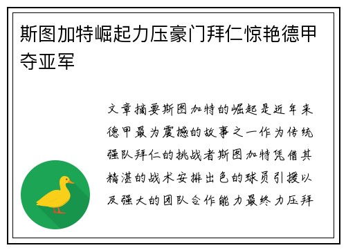 斯图加特崛起力压豪门拜仁惊艳德甲夺亚军 斯图加特崛起力压豪门拜仁惊艳德甲夺亚军