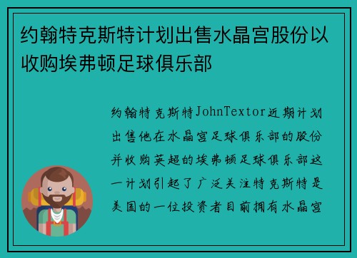 约翰特克斯特计划出售水晶宫股份以收购埃弗顿足球俱乐部 约翰特克斯特计划出售水晶宫股份以收购埃弗顿足球俱乐部